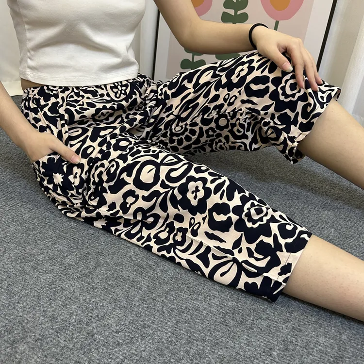 百搭夏季女士纯棉绸裤子七分睡裤家居裤大码宽松薄款绵绸休闲裤子