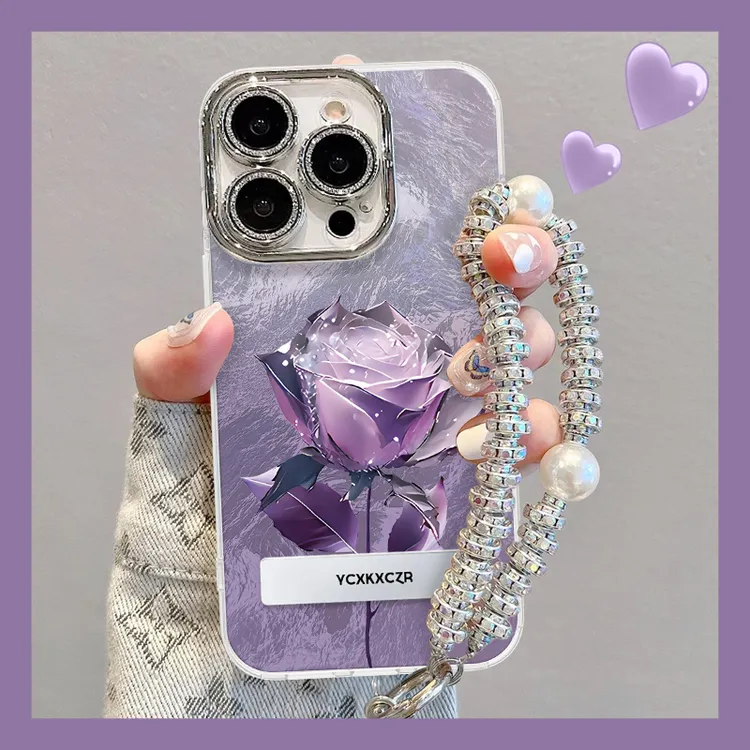 小众紫玫瑰手机壳适用于苹果16冰川纹网红oppo华为vivo松弛感流行