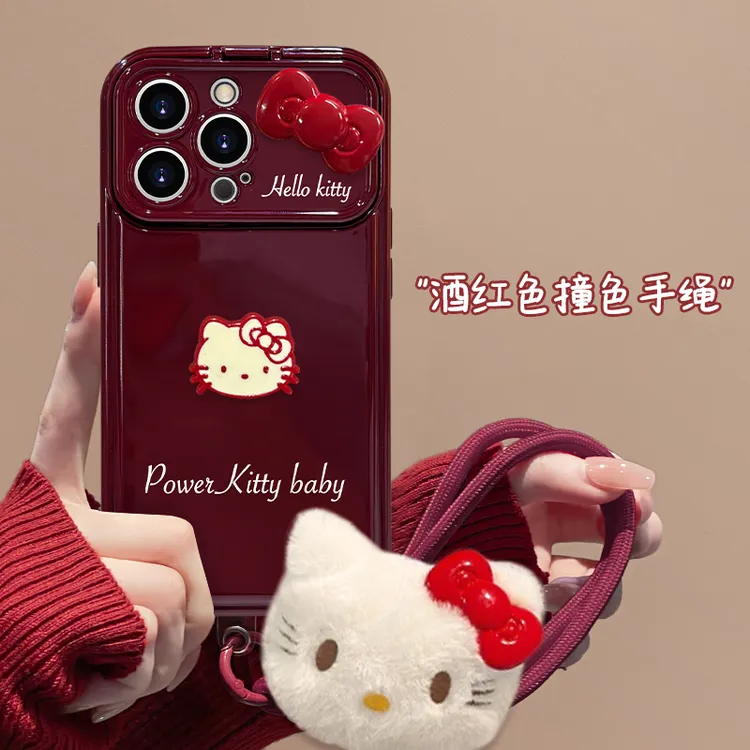 适用于苹果16可爱KT猫手机壳女款oppo华为vivo翻盖镜子简约网红新