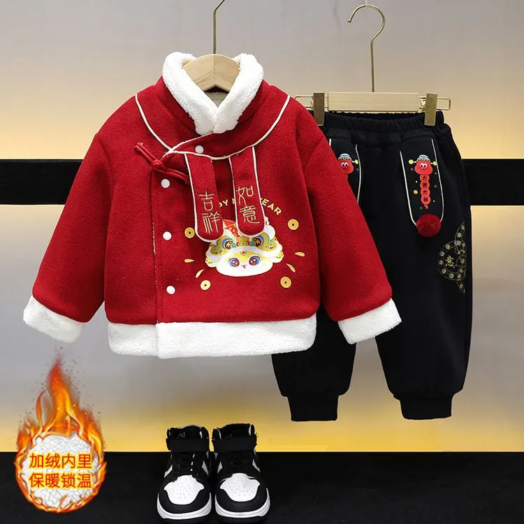 加厚保暖冬季新款儿童加绒婴儿红色小童秋冬套装男宝宝唐装