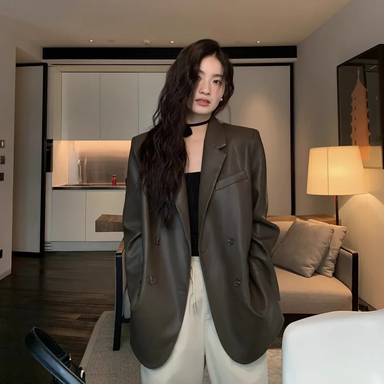 2024秋冬黑色复古PU皮衣西装外套女新款宽松休闲气质炸街百搭上衣