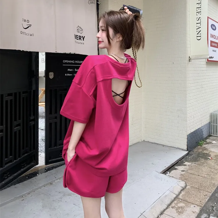 火龙果色运动套装女夏2024新款网红高级感T恤短裤时尚休闲两件套