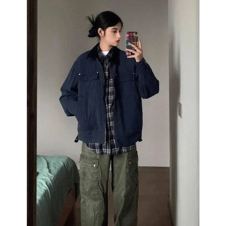 藏青色古着vintage工装外套男款美式复古重工水洗底特律工装夹克