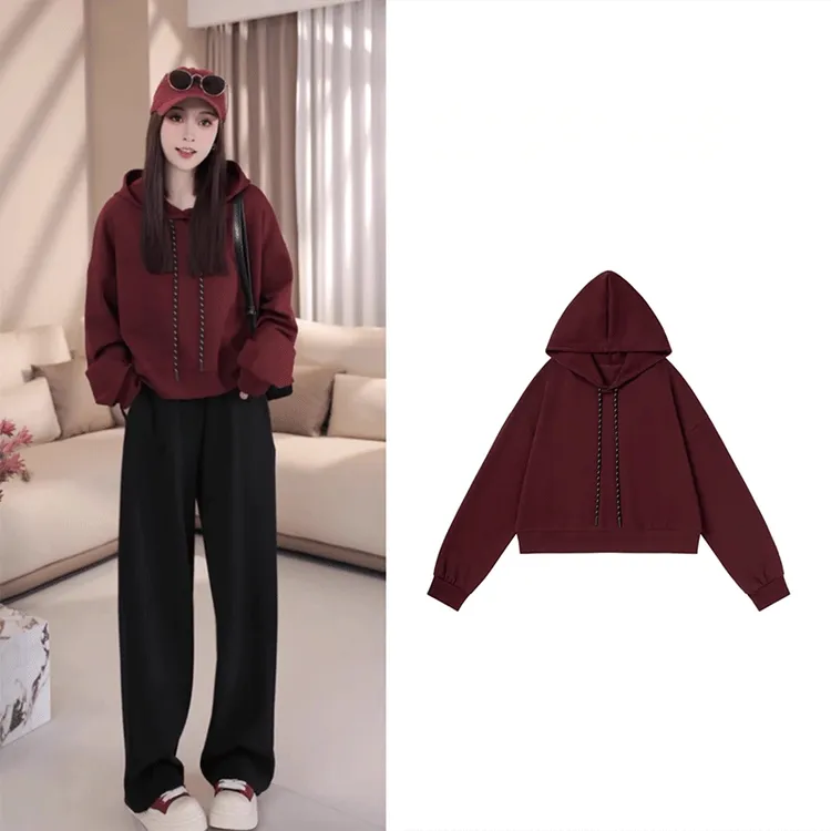 安可拉红春秋连帽女士卫衣2026年新款韩版长袖慵懒风洋气短款上衣