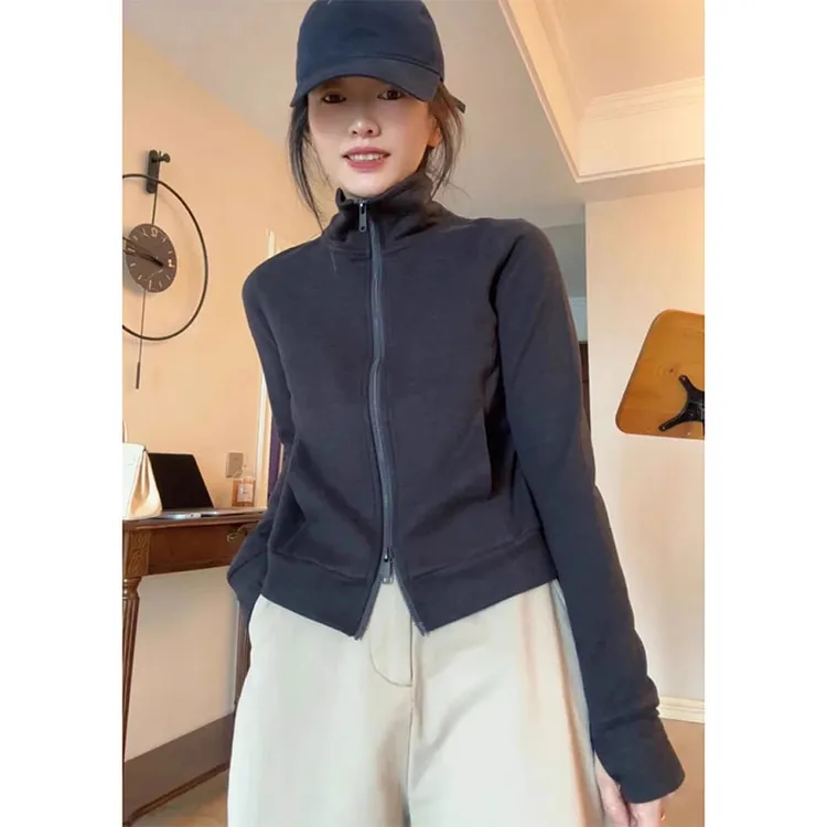 欧货女士双拉链开衫短款立领卫衣初秋2024年新款小众德绒运动外套