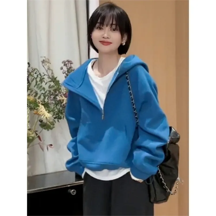 春季2025新款休闲运动半拉链连帽卫衣女慵懒宽松百搭蓝色显白外套
