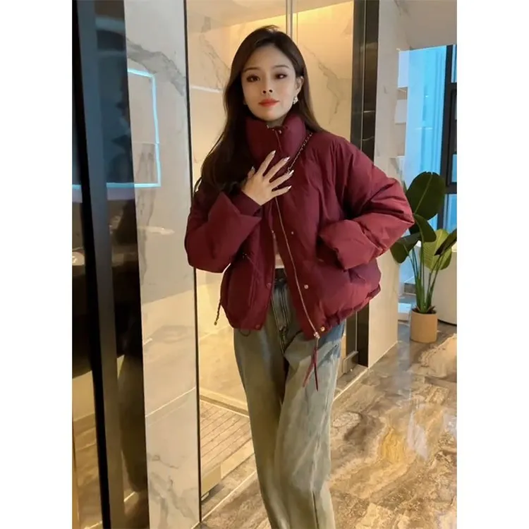 酒红色保暖加厚休闲棉服女2025年冬季新款美式复古小个子短款外套