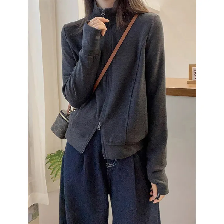 欧货高级感灰色双拉链立领卫衣开衫外套女显瘦洋气小个子早秋外套