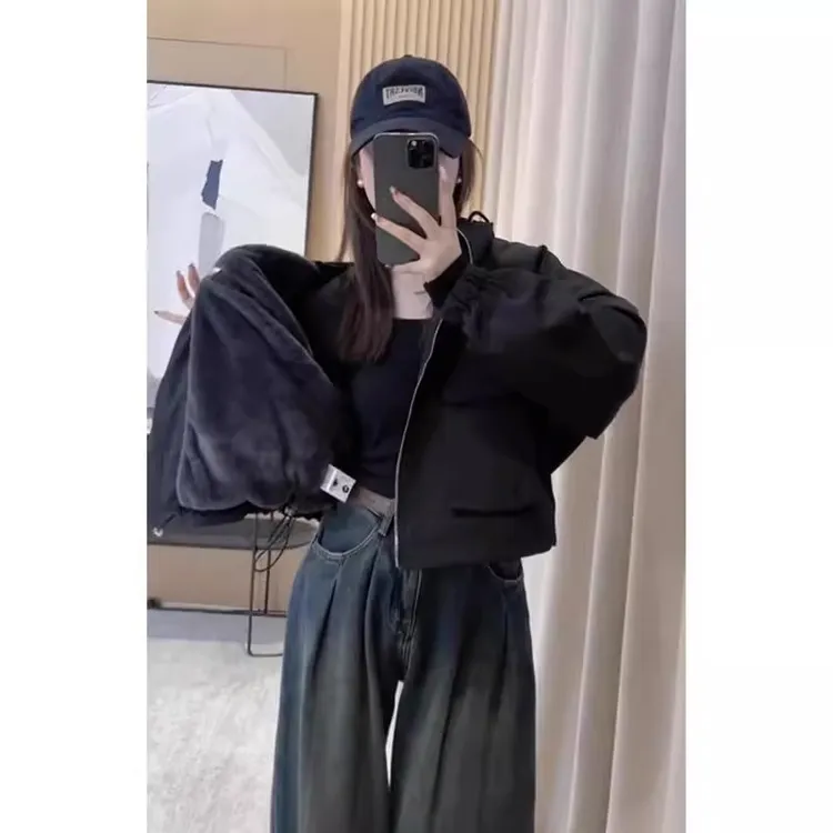 加绒加厚女士短款派克服外套冬季2025年美式抽绳显瘦工装夹克上衣