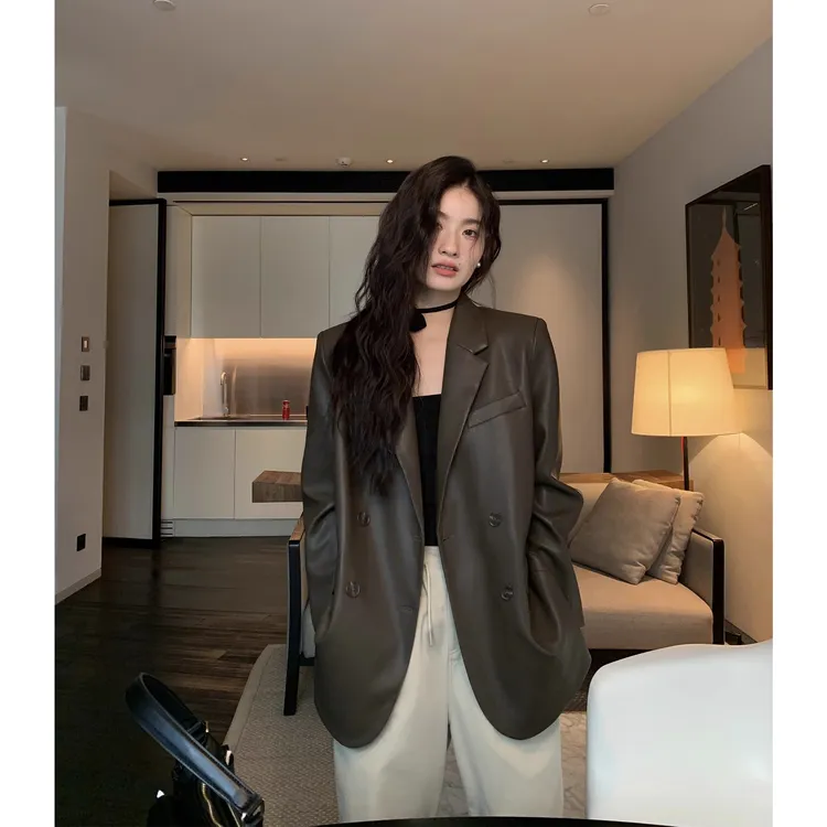 【工厂直销】咖色复古皮衣西装外套女宽松休闲百搭高级感西服9984