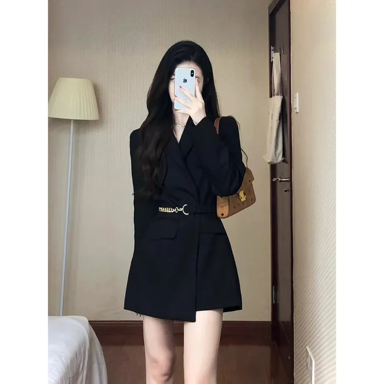 气质韩系轻熟温柔风高级感收腰黑色西装外套女秋冬小个子西装裙子
