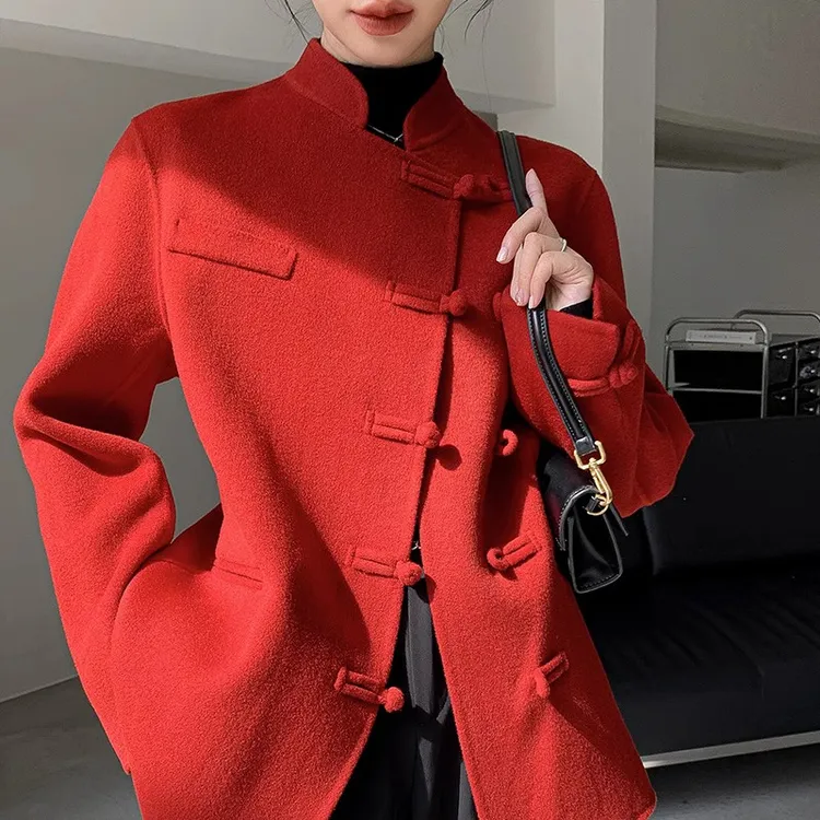 流行国风复古双面大衣女小个子短款显瘦秋冬新款盘扣毛呢外套