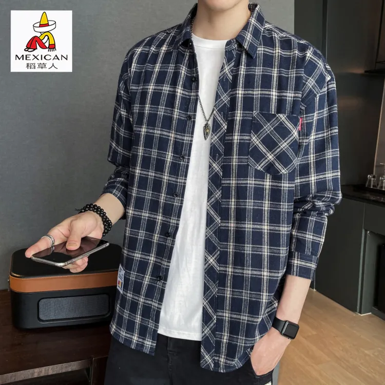 稻草人2025春秋新款潮流格子衬衫男港风长袖外套男士青年简约上衣