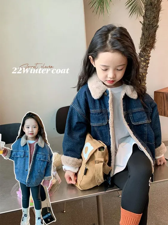 女童牛仔外套仿兔毛派克服2025冬款儿童加绒洋气棉衣韩版加厚棉服