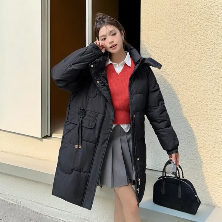 中长款小米格棉服女可拆卸帽时尚休闲百搭宽松冬季加厚保暖棉衣