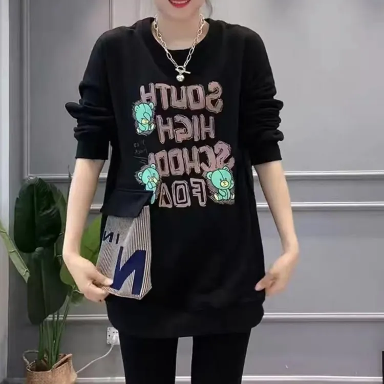 2025春秋款大口袋重工印花长袖宽松洋气时尚潮牌休闲卫衣女中长款