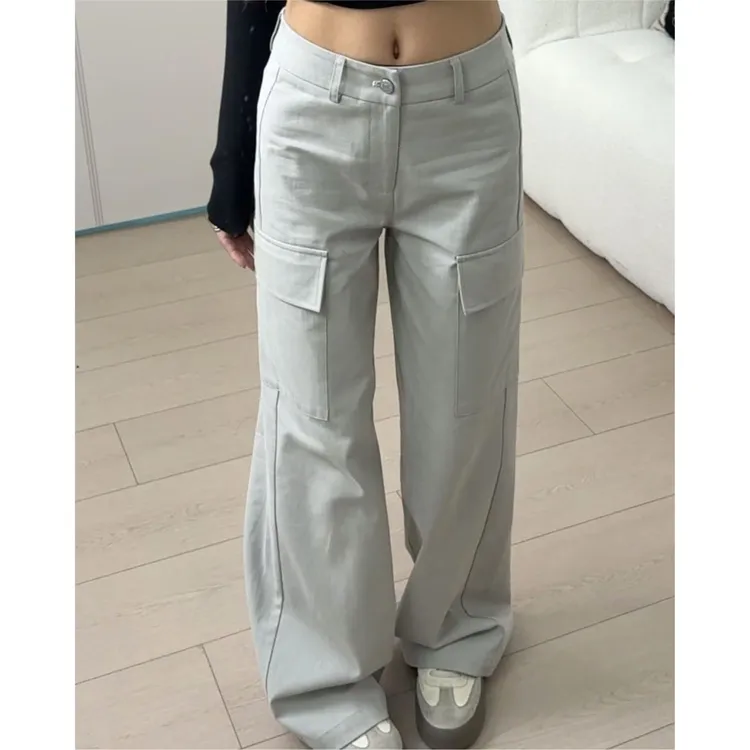 春夏直筒纯棉水洗百搭灰色工装裤