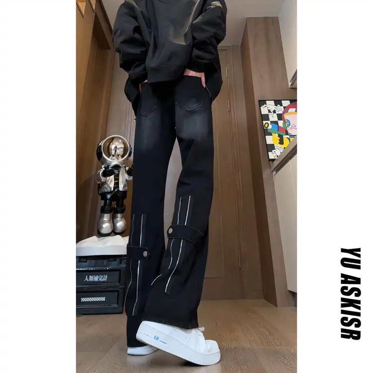 2025夏季新款美式牛仔裤休闲裤直筒显瘦小众高街宽松设计黑色ins