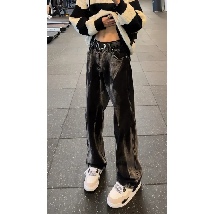 美式高街牛仔裤设计感扎染百搭高级感潮牌微喇阔腿裤子男秋季宽松