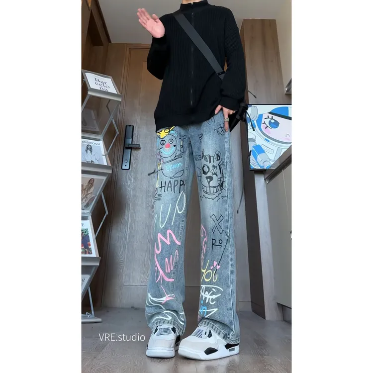 美式复古高街涂鸦牛仔裤男款宽松显瘦直筒阔腿夏季百搭新款透气