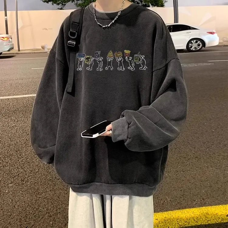 加肥加大码300斤水洗做旧长袖卫衣男秋冬款加绒加厚重磅圆领上衣