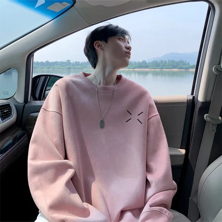 大码男装300斤仿麂皮绒粉色圆领卫衣男秋冬加绒加厚重磅长袖上衣