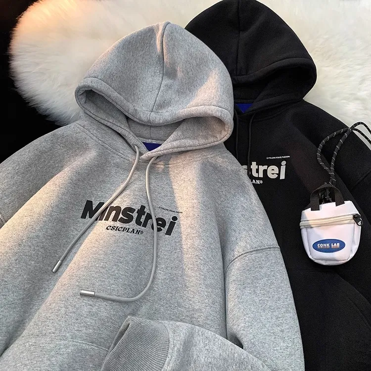 加肥加大码300斤青少年连帽卫衣男秋冬加绒加厚字母印花帽衫外套