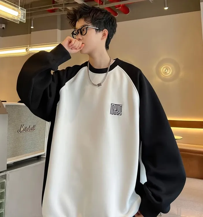 300斤大码重磅青少年圆领卫衣男秋冬美式潮牌ins拼接加绒加厚外套