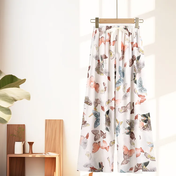 夏季女新款棉绸阔腿裤九分薄款透气空调裤阔腿裤家居防蚊裤百搭