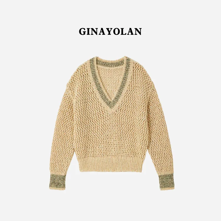 GINAYOLAN/瑾颜【设计师系列】原创设计细致亮闪秋冬长袖V领针织衫