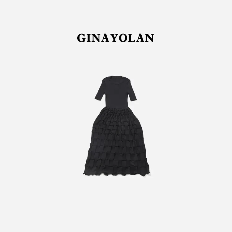 GINAYOLAN/瑾颜【设计师系列】女装连衣裙时尚格纹黑色气质设计师