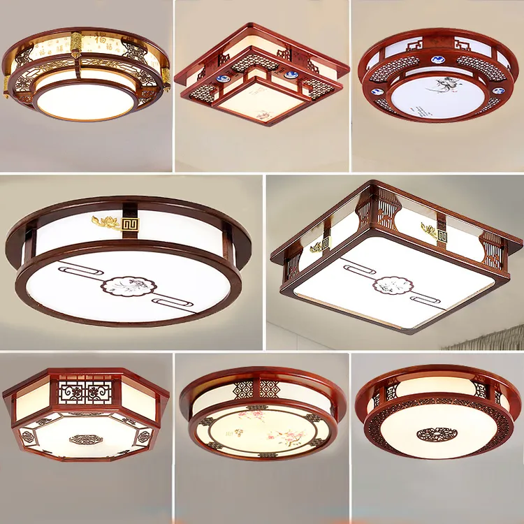 新中式实木卧室吸顶灯led圆形大气客厅餐厅中国风仿古红木艺灯具
