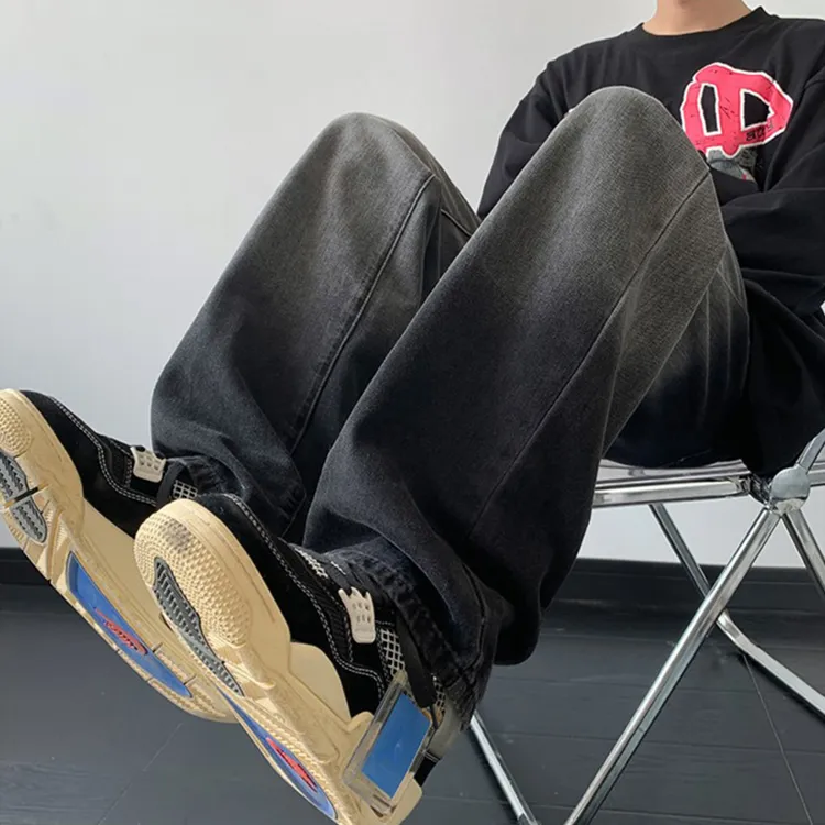 美式高街加绒牛仔裤男秋冬季宽松直筒裤ins潮牌阔腿裤休闲长裤子