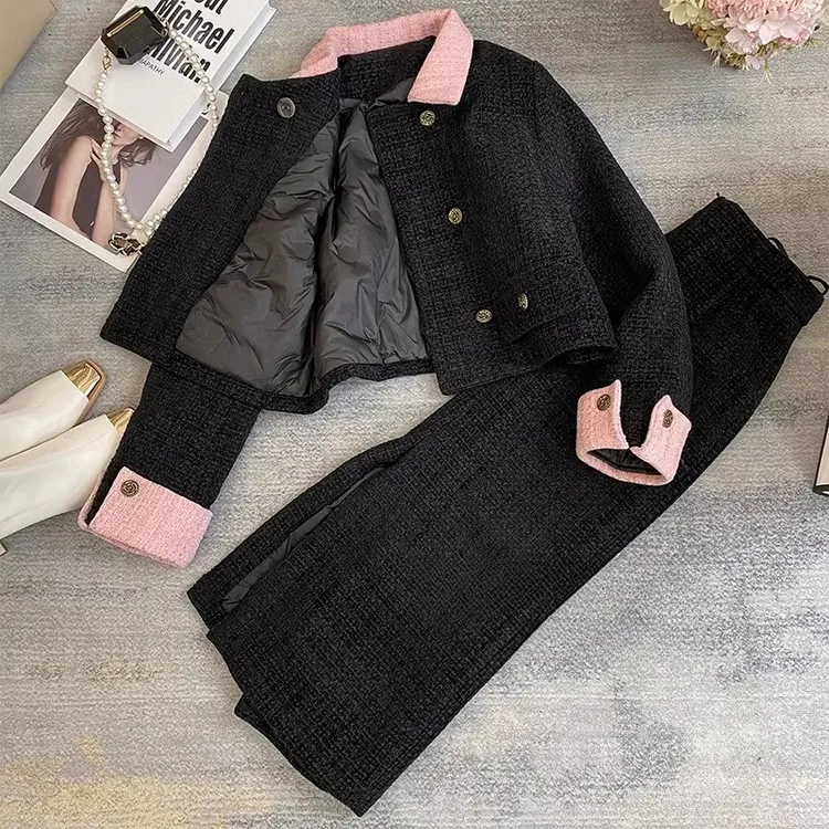 0285加棉厚款黑色小香风套装过年女冬季毛呢短外套半身长裙两件套