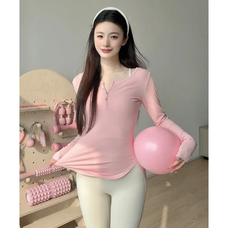 gogoyoga瑜伽服长袖V领纯色简约训练健身运动上衣跑步透气速干衣
