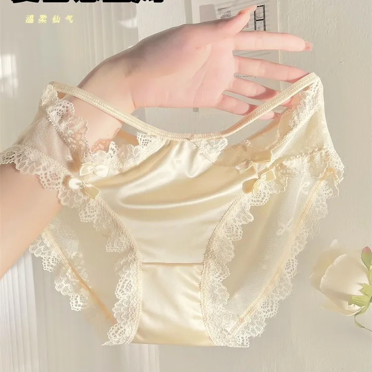 法式少女透气缎面内裤女中腰性感纯欲蕾丝薄款速干女士三角裤