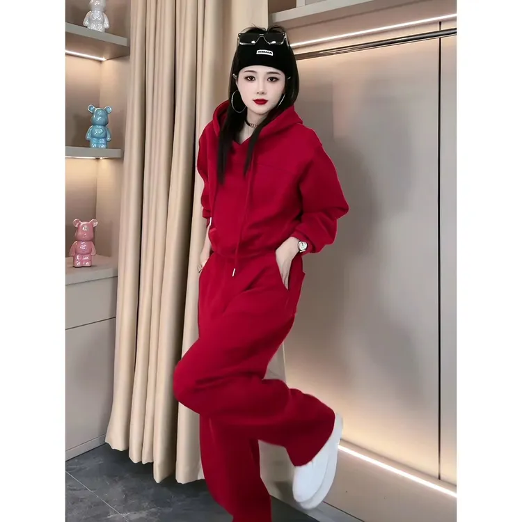 高级感安可拉红加绒加厚连帽卫衣套装女秋冬欧货休闲时尚运动两件