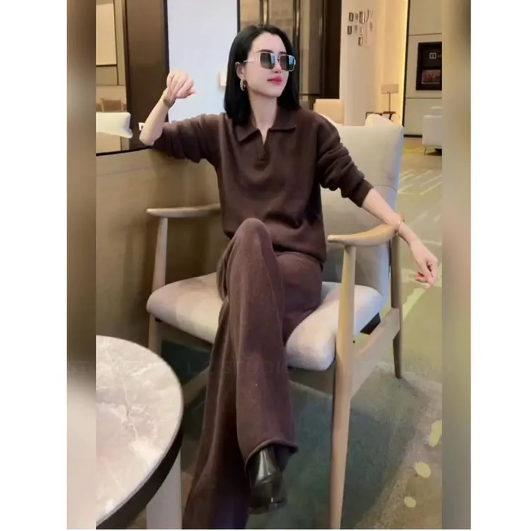 2024秋款女装盐系炸街高级感通勤polo领长袖T恤阔腿裤套装两件套