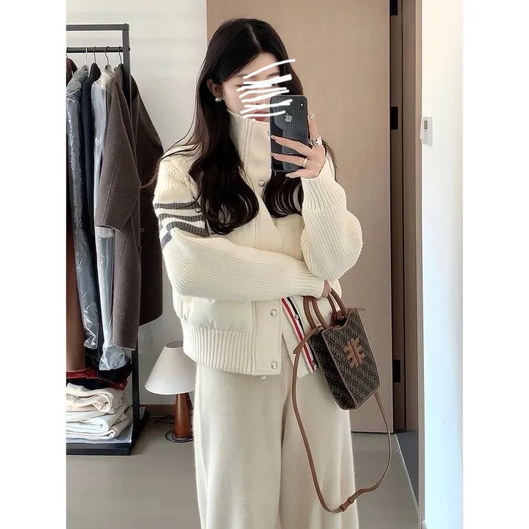 高级感立领棉服女2024冬季新款设计感拼接针织加厚短款外套小个子