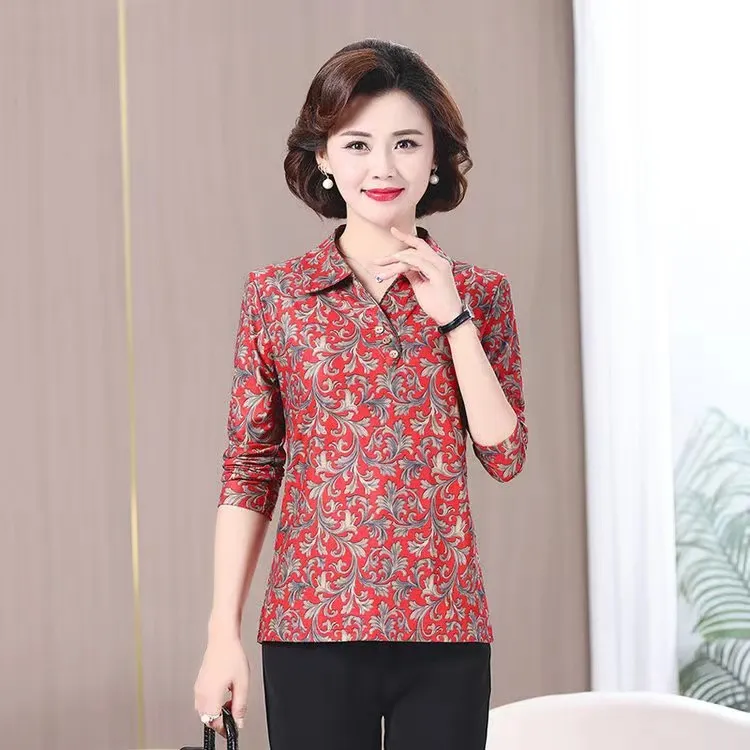 妈妈装秋季新款中年妈妈装碎花长袖翻领气质百搭打底显瘦女上衣