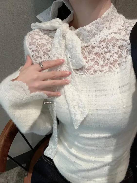 【留洋千金蕾丝T恤】冬季法式设计感气质修身纯欲蝴蝶结飘带上衣潮