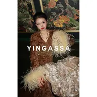 YINGASSA【莫妮卡】原创设计重工驼鸟毛蕾丝修身汉服连衣裙