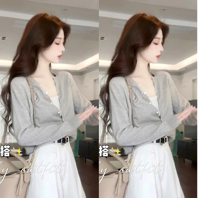 奶系穿搭早秋灰色针织套装温柔气质慵懒风毛衣阔腿裤两件套女冬季