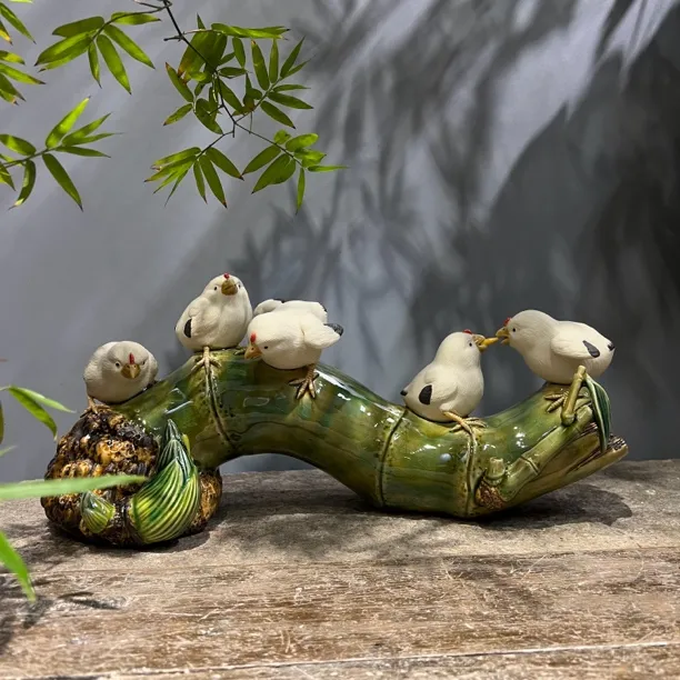 【五福临门】送底座，中式美学陶瓷手工艺品竹报平安，五福临门摆件