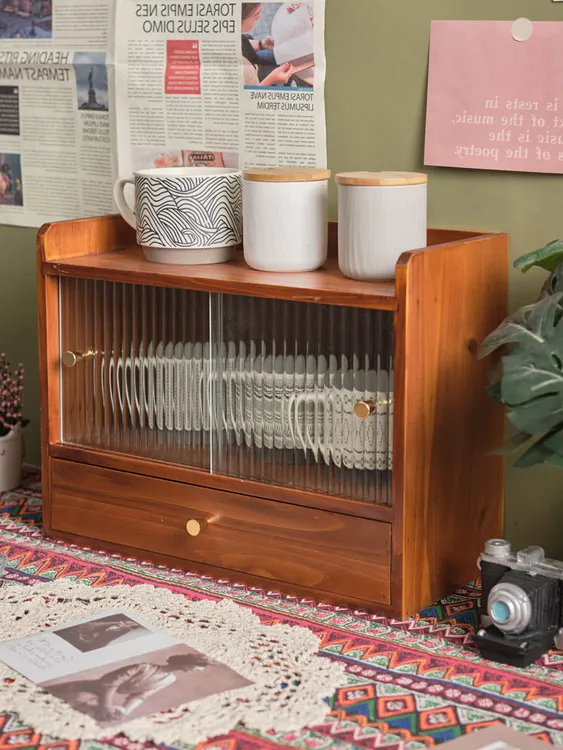 化妆品收纳盒桌面实木复古储物柜子首饰茶具茶杯马克杯收纳架防尘