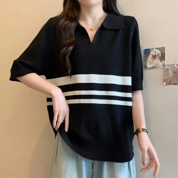 【821】2大码微胖夏季薄款针织衫Polo领时尚宽松显瘦短袖条纹上衣