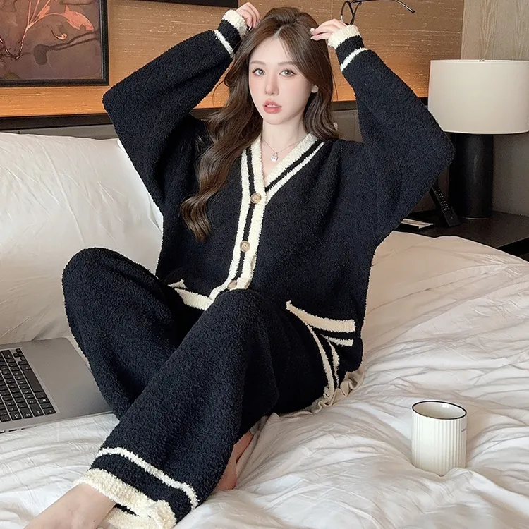 半边绒加厚保暖睡衣女2024秋冬珊瑚绒可外穿高级感撞色家居服套装