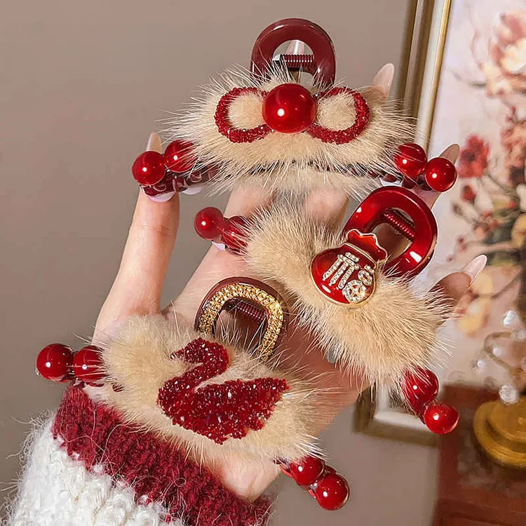 红色毛绒抓夹女高级感毛毛发夹后脑勺鲨鱼夹秋冬新年喜庆发抓发饰