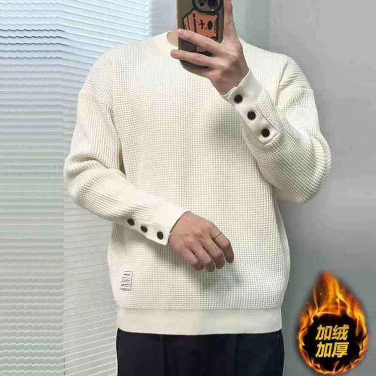 秋冬款华夫格卫衣男新款宽松加绒加厚潮流上衣时尚内搭打底衫外穿