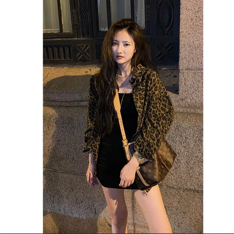 春秋豹纹长袖衬衫外套+吊带连衣裙